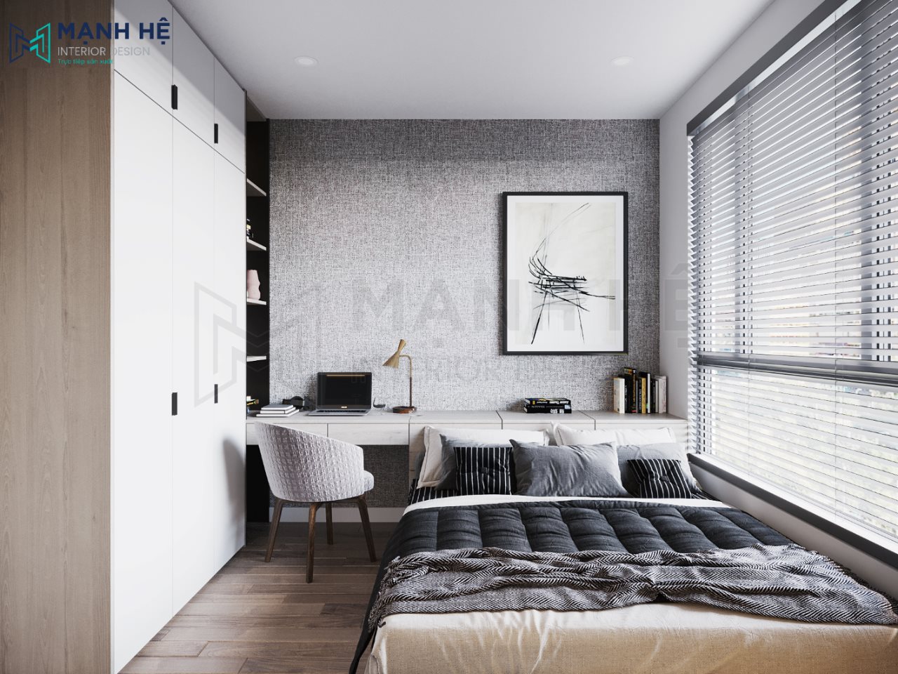 Phòng ngủ diện tích 10m2 nhỏ với gam màu xám trung tính nhưng vẫn đảm bảo tối đa công năng sử dụng
