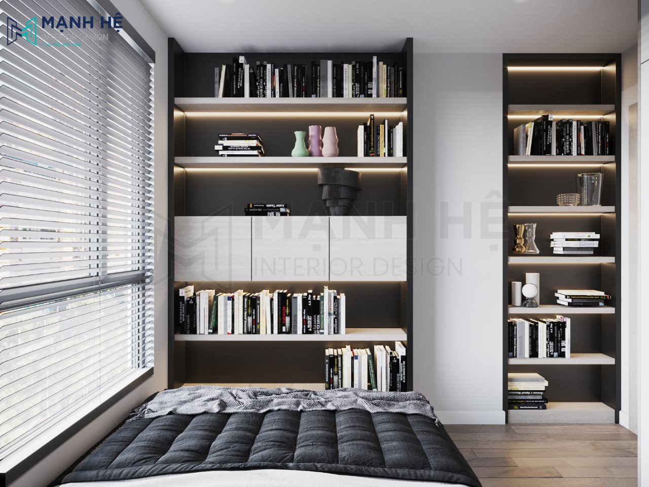 Cách 1: Kệ sách với 2 màu đen - trắng chủ đạo kết hợp đèn led trang trí kệ sách