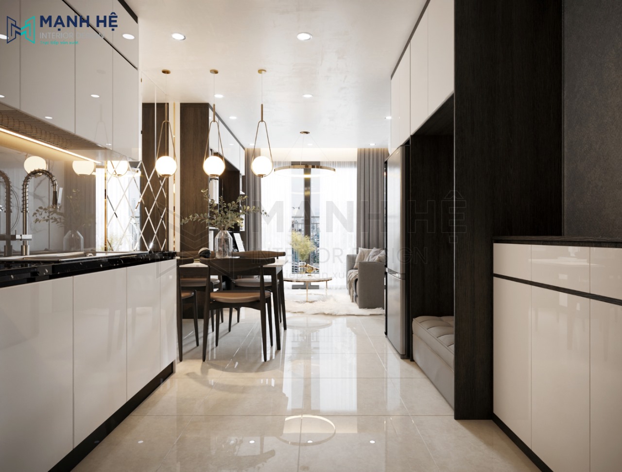 không gian phòng khách liền bếp