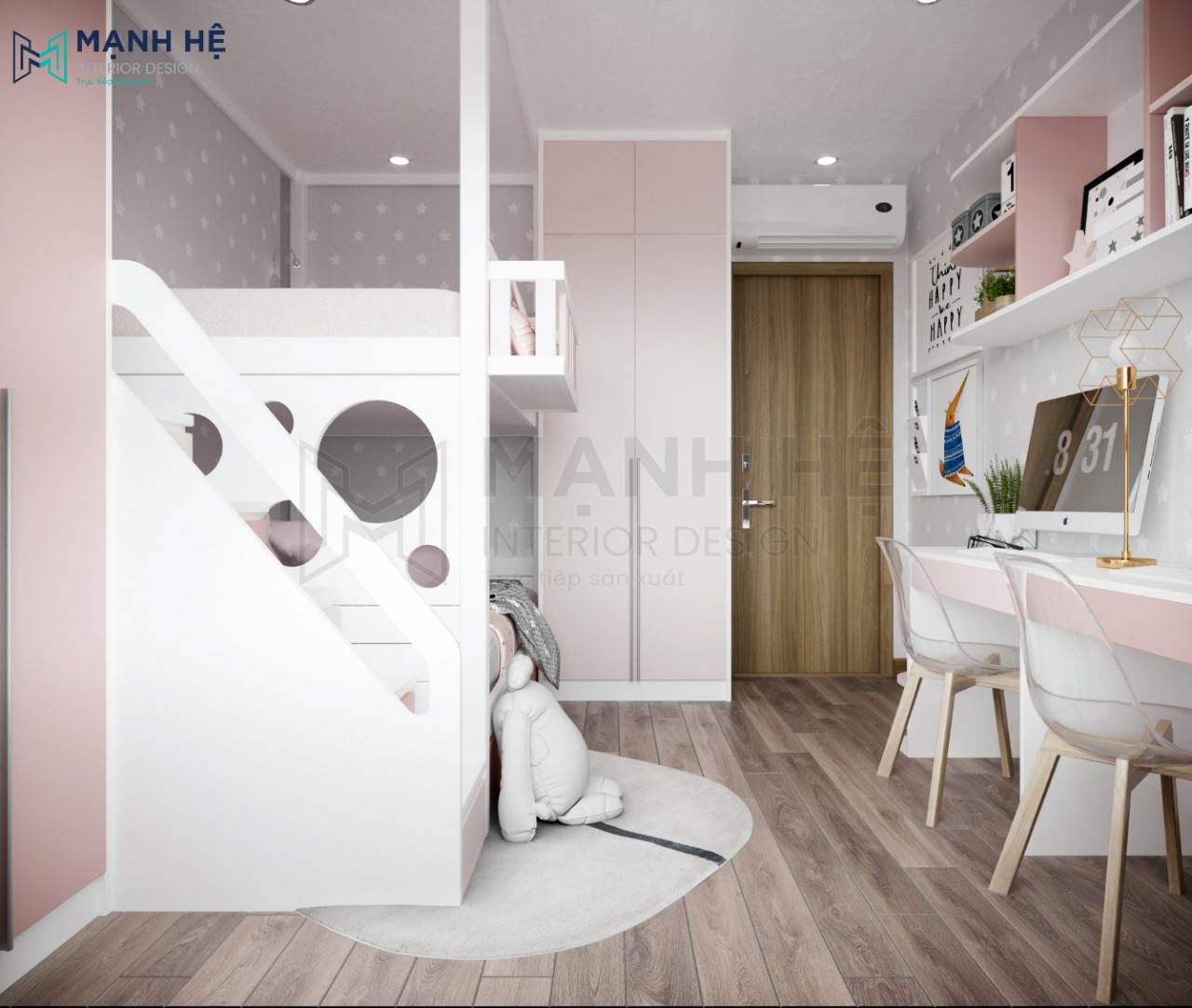 giường tầng màu hồng