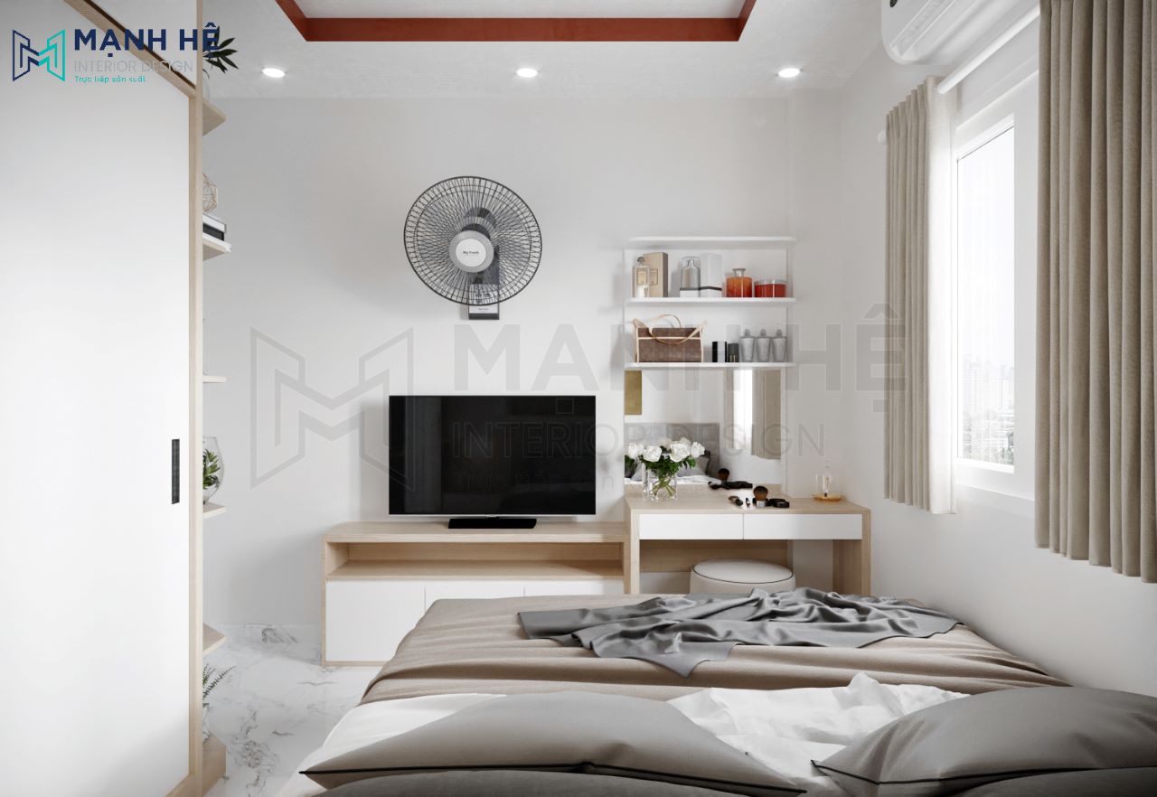 Mẫu tủ tivi kết hợp kệ trang trí và bàn trang điểm tiện lợi