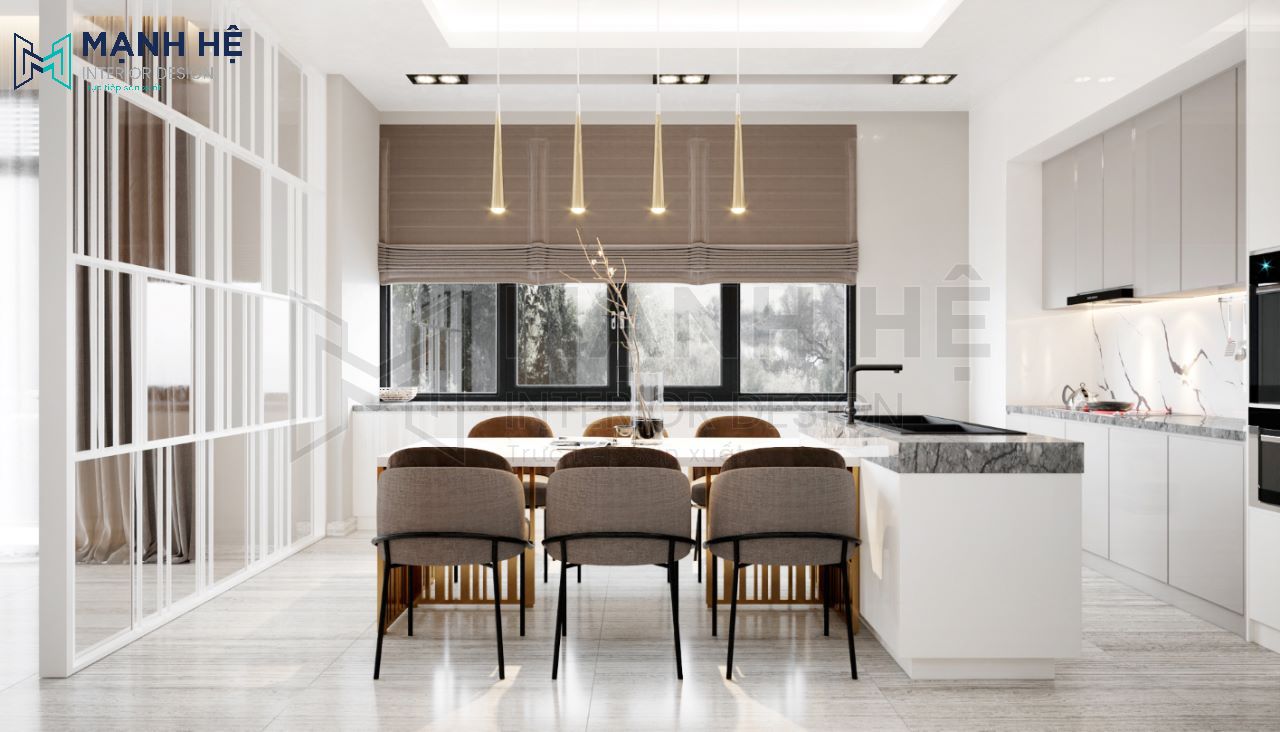 tủ bếp acrylic có bàn gỗ công nghiệp