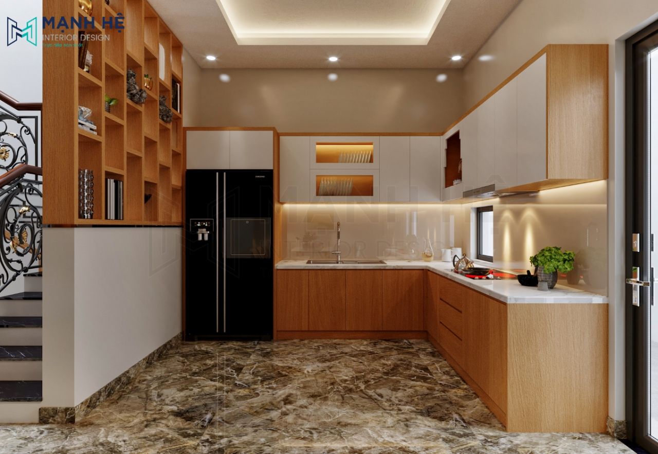 bếp chữ L màu gỗ tự nhiên