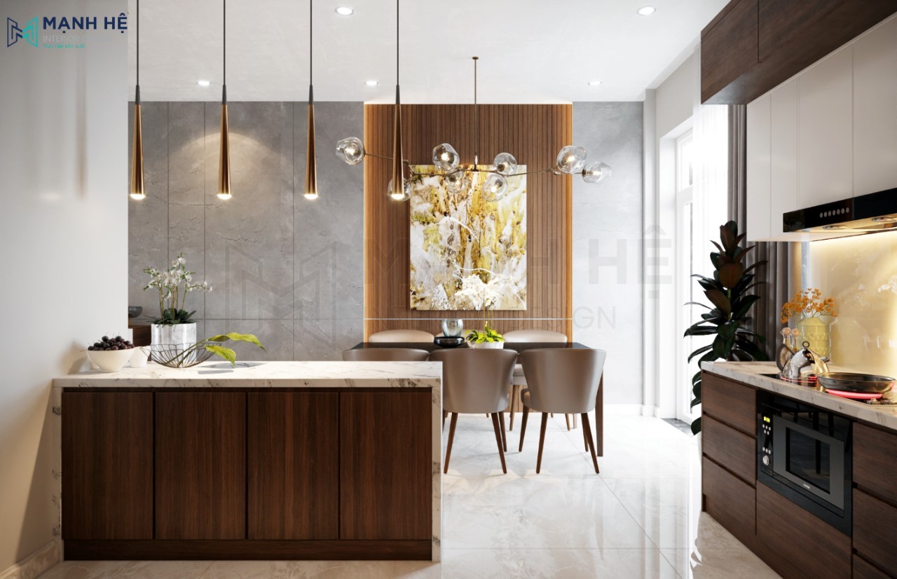 Bàn đảo bếp ốp đá Marble vân mây trắng sang trọng và hài hòa với không gian