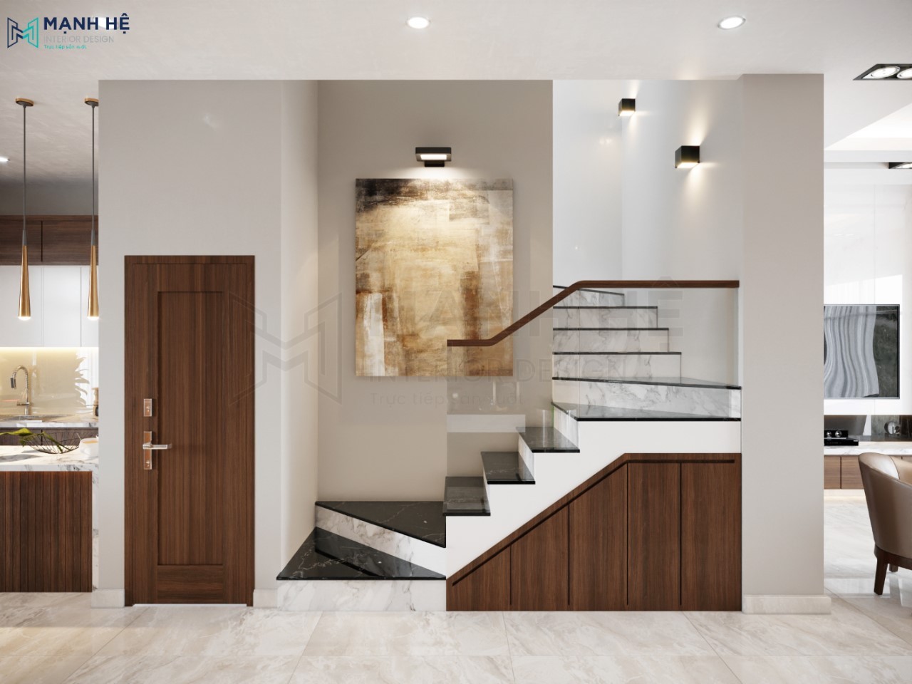 Kết hợp trang trí cầu thang bằng đèn spotlight và tranh treo tường