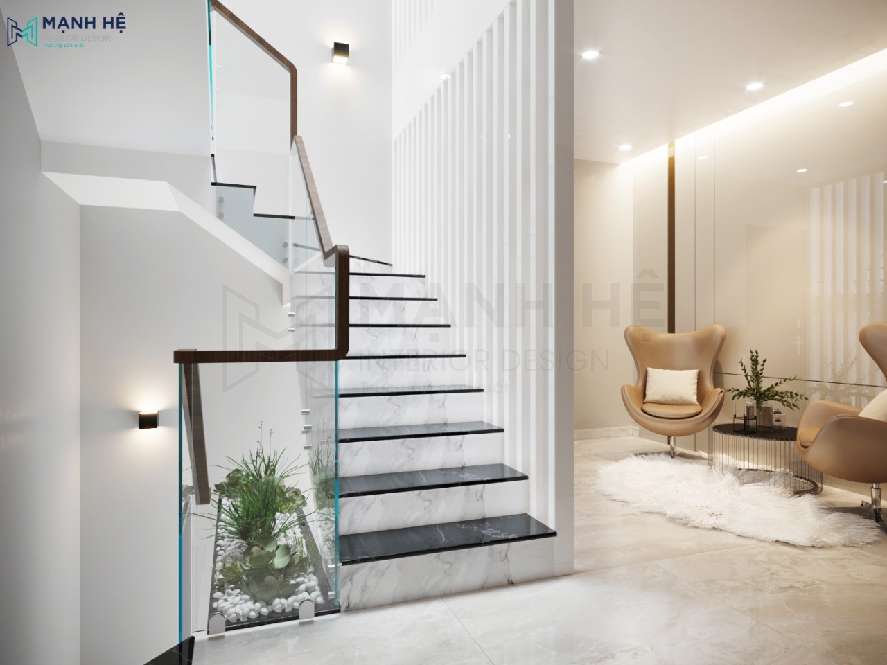 Cầu thang ốp gạch vân đá