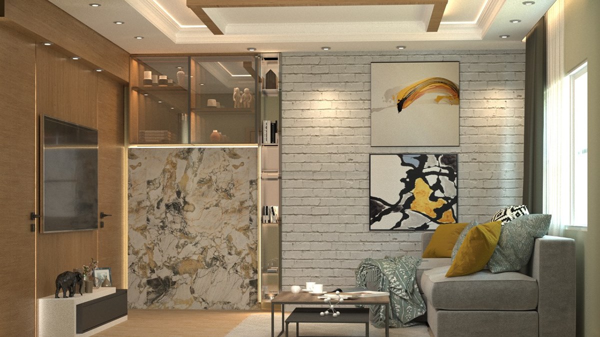 giấy dán tường giả gạch phòng khách