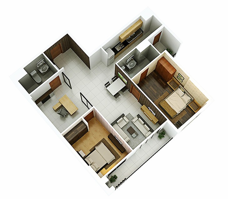 Bố trí mặt bằng chung cư 2 phòng ngủ