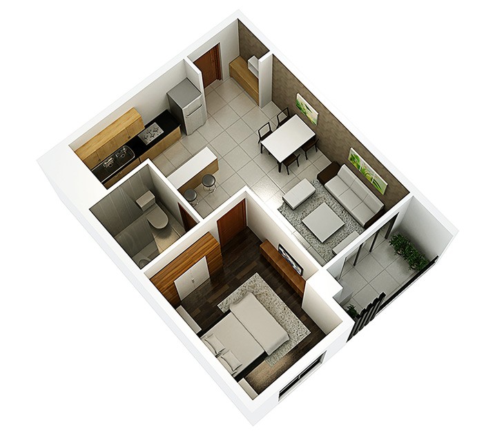 Bố trí mặt bằng chung cư 1 phòng ngủ 48m2