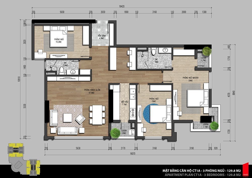 Mặt bằng thiết kế chung cư 3 phòng ngủ 130m2