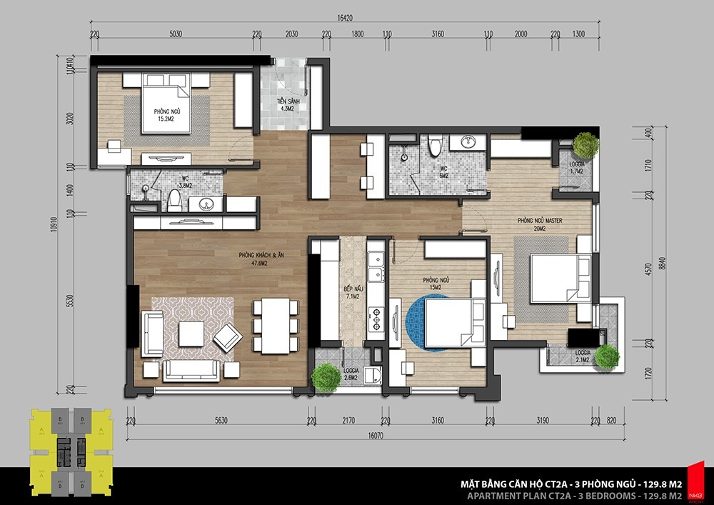 Bố trí mặt bằng thiết kế chung cư 3 phòng ngủ đẹp