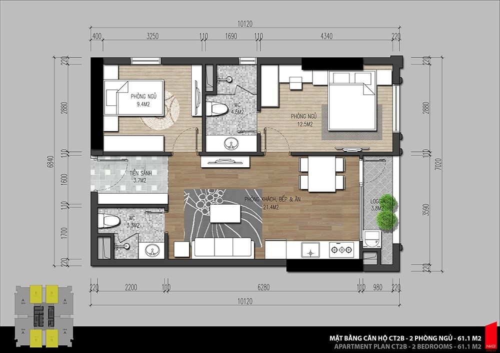 Bố trí mặt bằng căn hộ chung cư 2 phòng ngủ