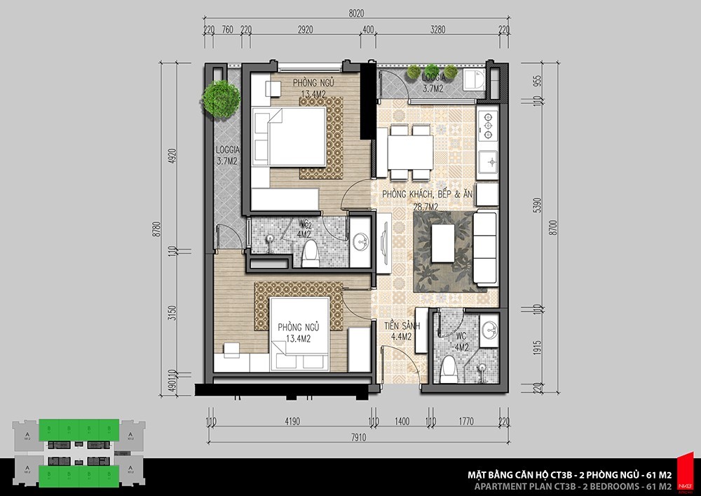 Mặt bằng chung cư 2 phòng ngủ 61m2