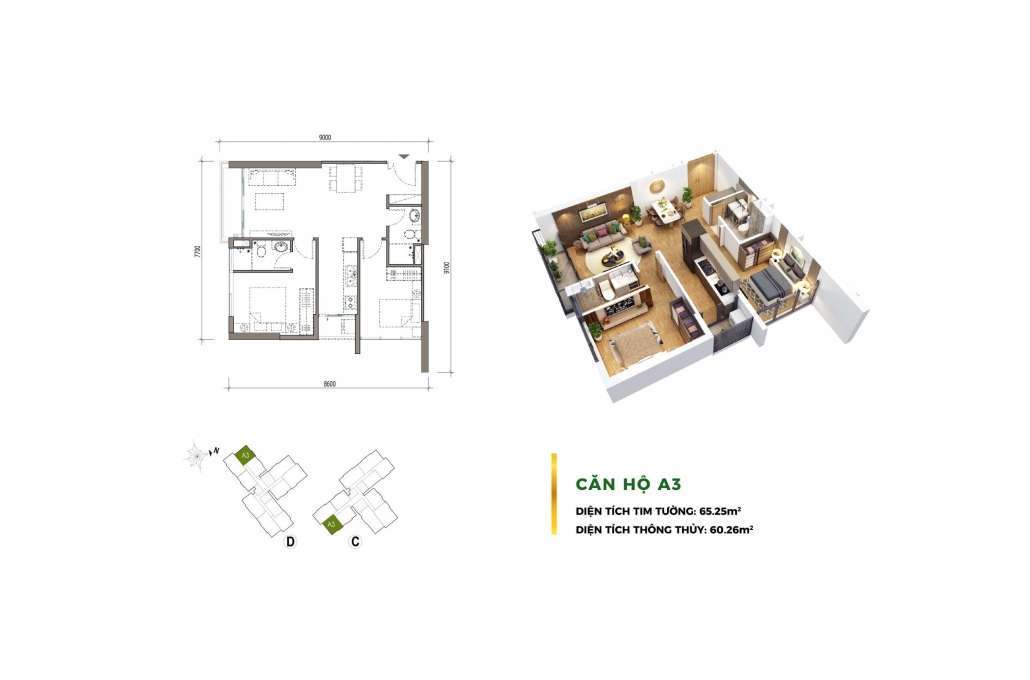 Bố trí mặt bằng nội thất căn hộ 2 phòng ngủ 60m2
