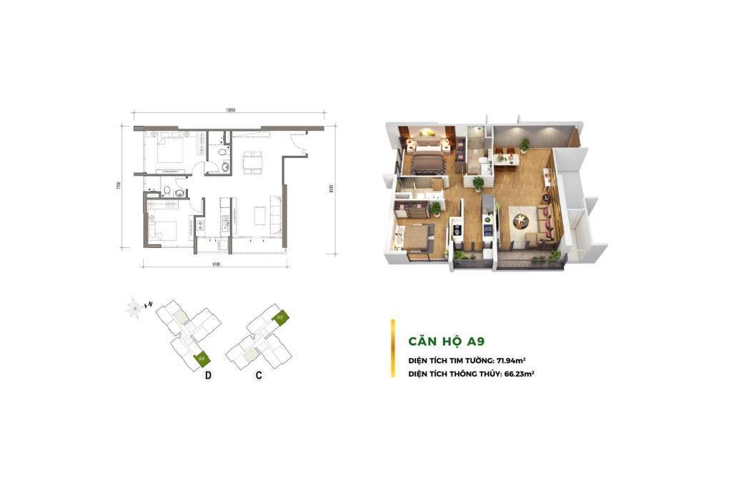 Bố trí nội thất chung cư 66m2