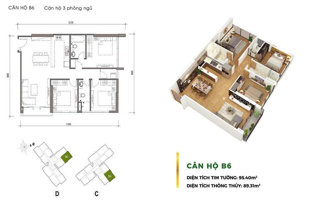 Bố trí mặt bằng chung cư 3 phòng ngủ