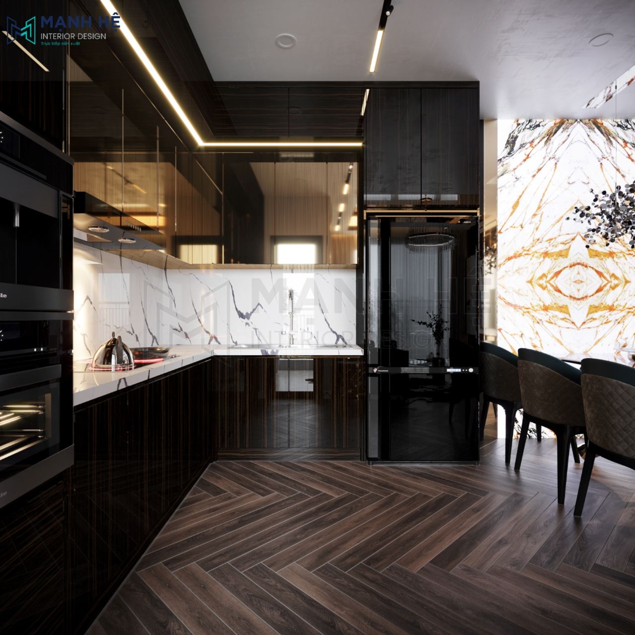 Thiết kế hệ tủ bếp chữ L gỗ công nghiệp acrylic bóng gương