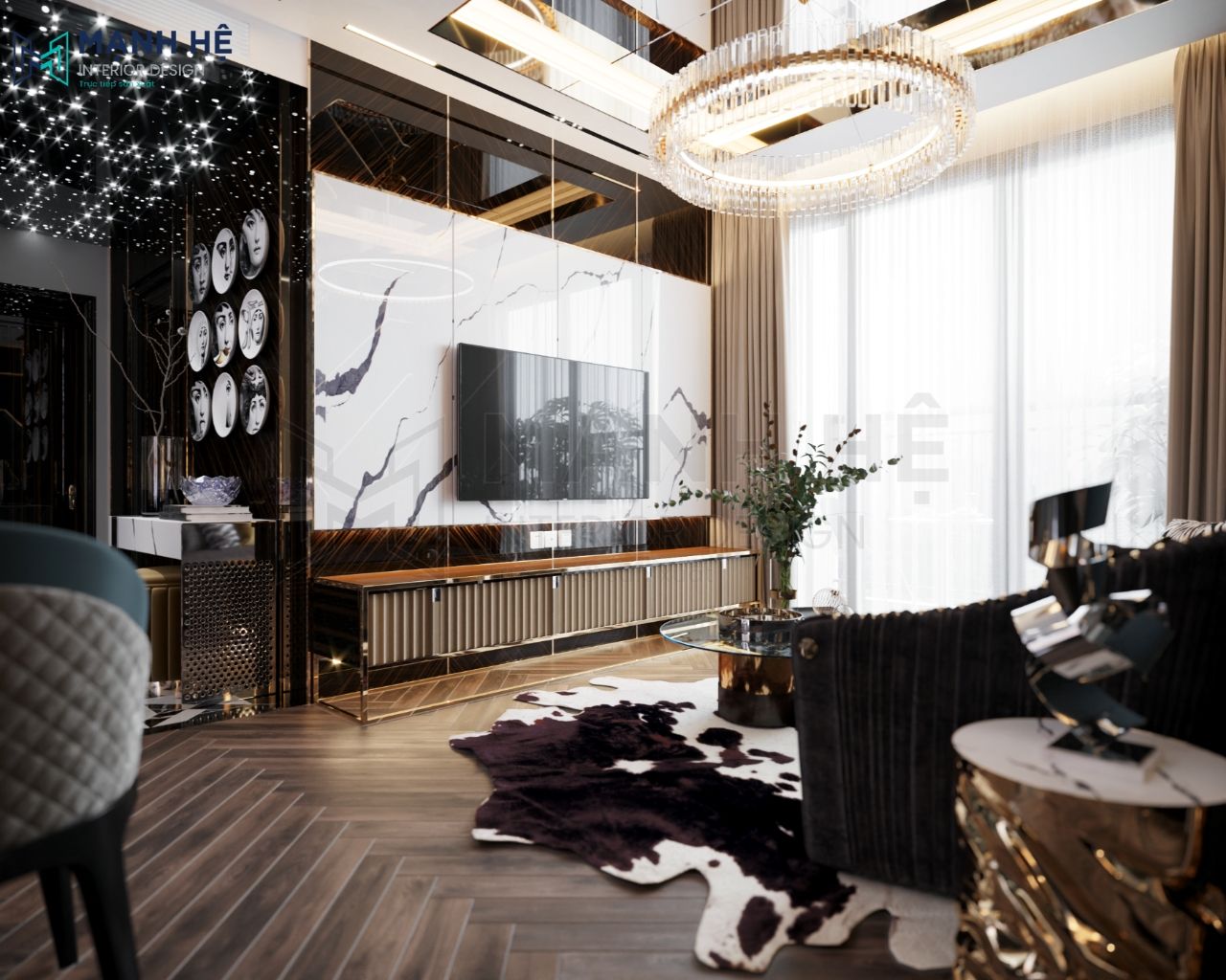 Vách ốp tường sau kệ tivi bằng đá tự nhiên