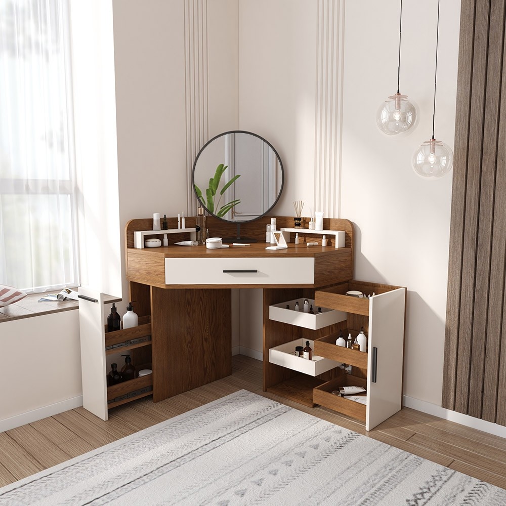 Bàn trang điểm tận dụng góc tam giác tạo cảm giác thoải mái khi ngồi làm việc