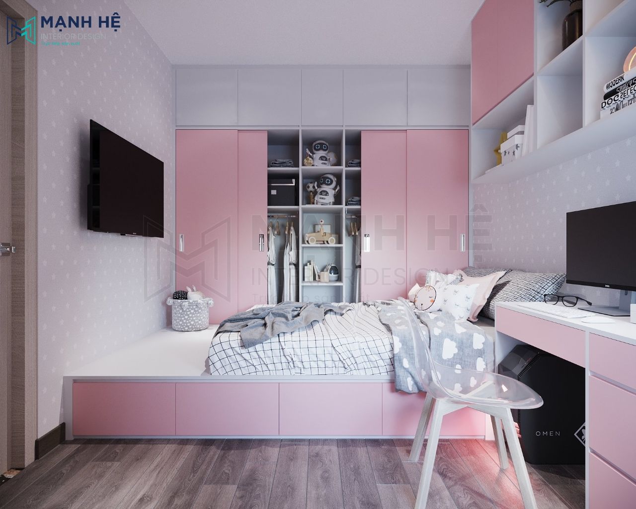 Mẫu phòng ngủ dễ thương với giường bục màu hồng đa năng nối liền tủ quần áo