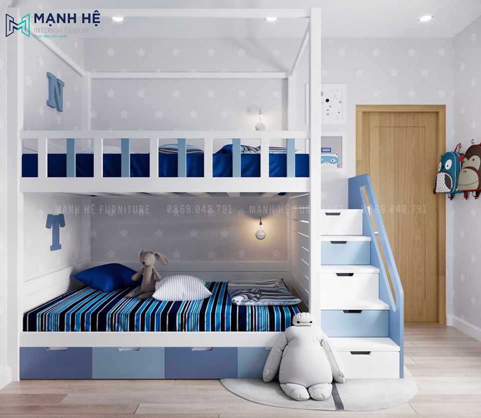 Mẫu phòng ngủ với giường tầng màu xanh tích hợp các học tủ ở cầu thang tiện nghi