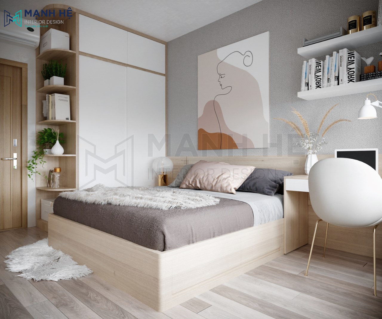 Nội thất phòng ngủ 10m2 tối gian, thanh lịch với tranh treo đầu giường làm điểm nhấn