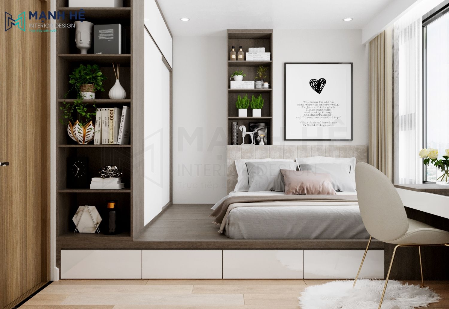 Thiết kế phòng ngủ 10m2 với kiểu giường bục đa năng kết hợp với tủ quần áo
