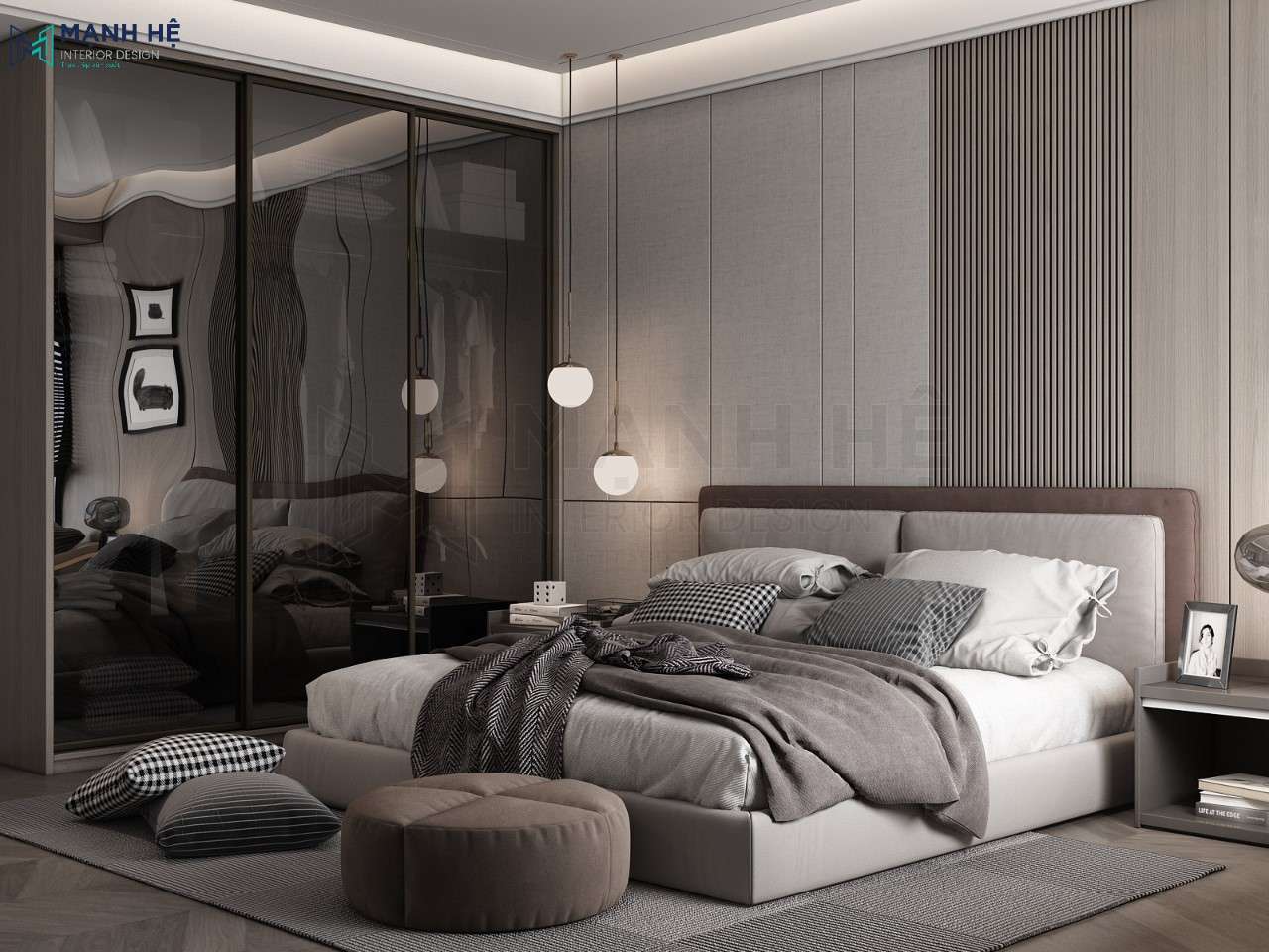 phòng ngủ vợ chồng đẹp hiện đại với hệ tủ quần áo âm tường
