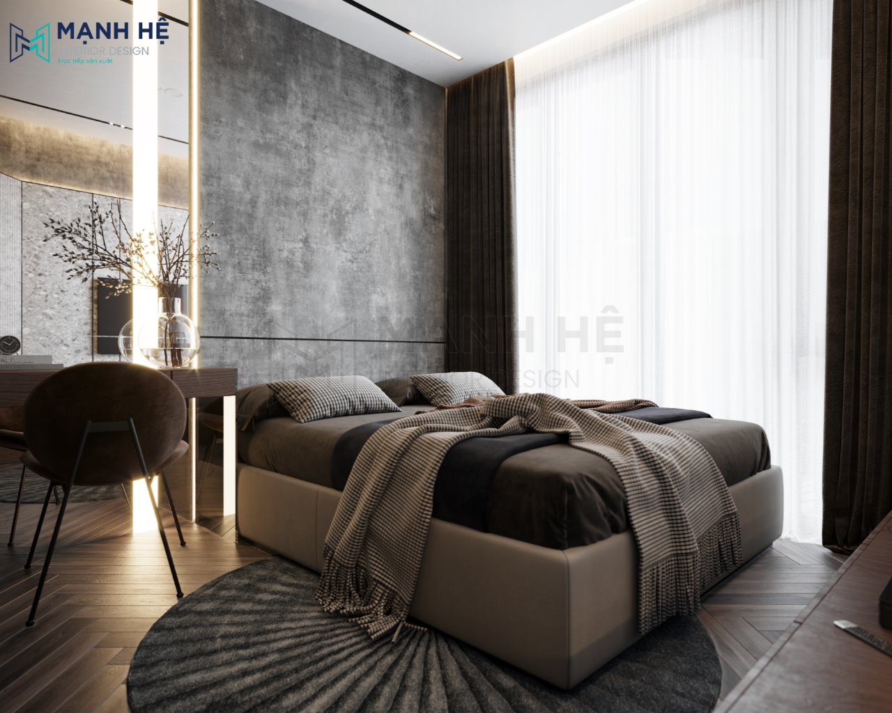 Mẫu 8: Giường ngủ đôi được bọc da giúp tăng thêm vẻ đẹp sang trọng cho không gian