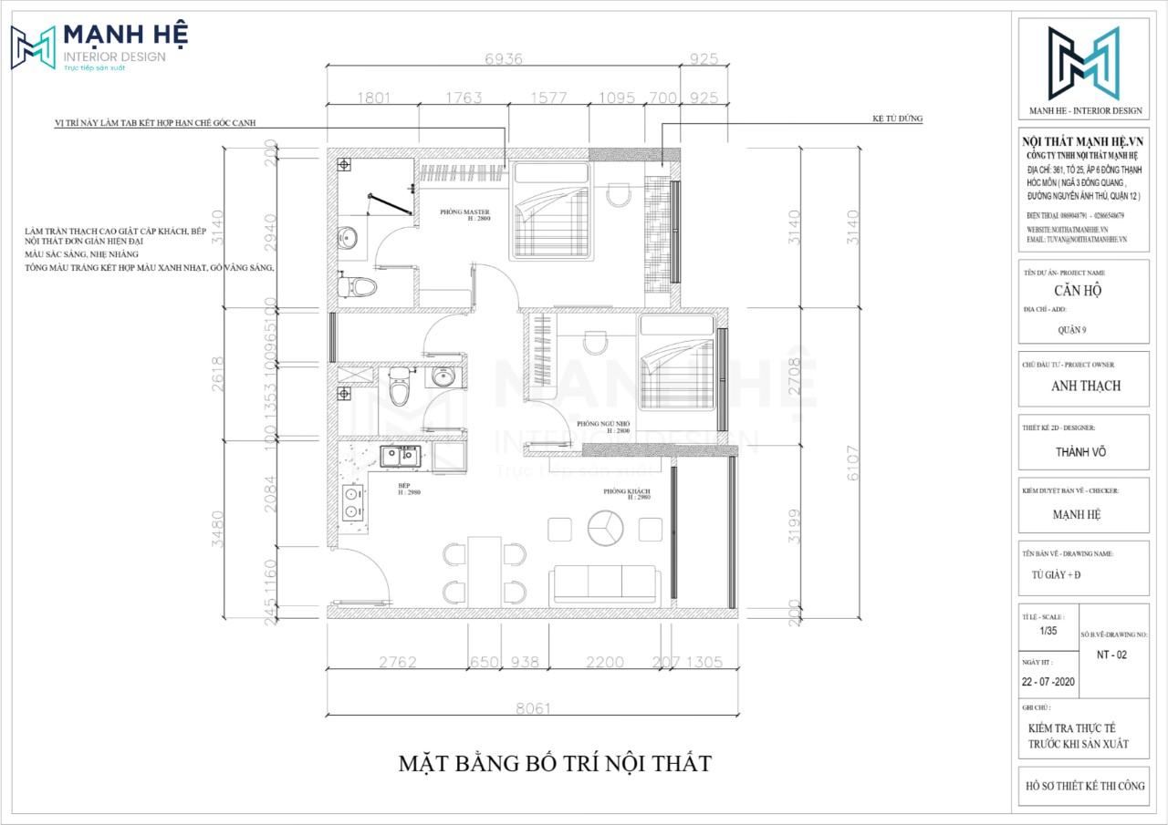 Bản vẽ mặt bằng căn hộ 54m2 - 2 PN 