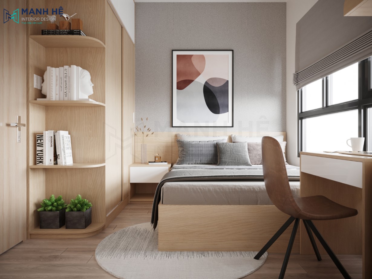Thiết kế nội thất phòng ngủ gam màu xám phối màu gỗ hiện đại, đặt giường cạnh cửa sổ tối ưu ánh sáng hiệu quả nhất