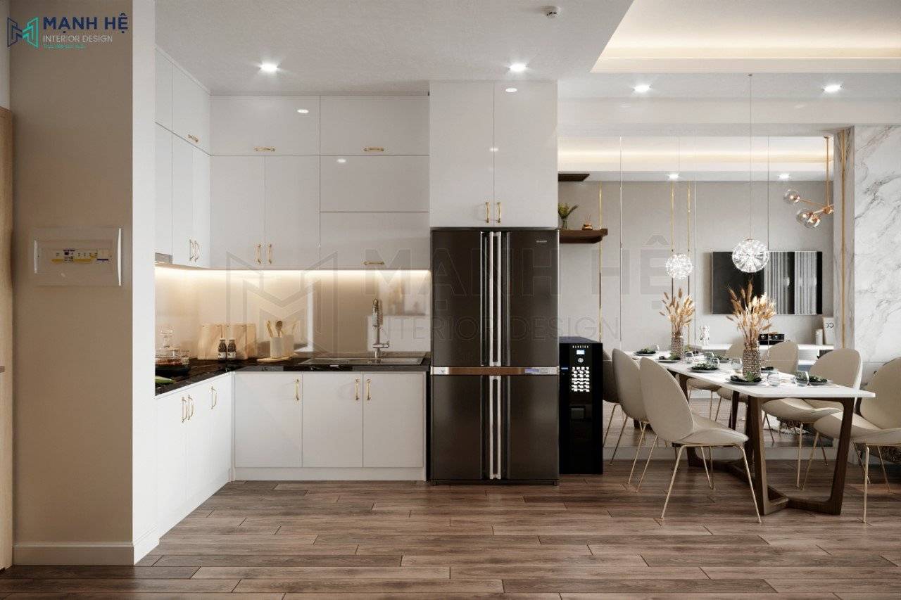 tủ bếp chữ L đụng trần