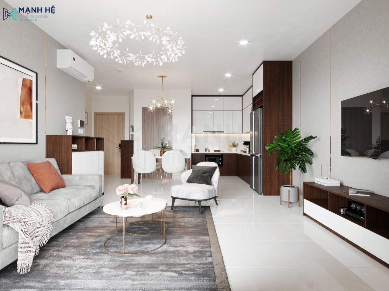 thiết kế phòng khách liền bếp