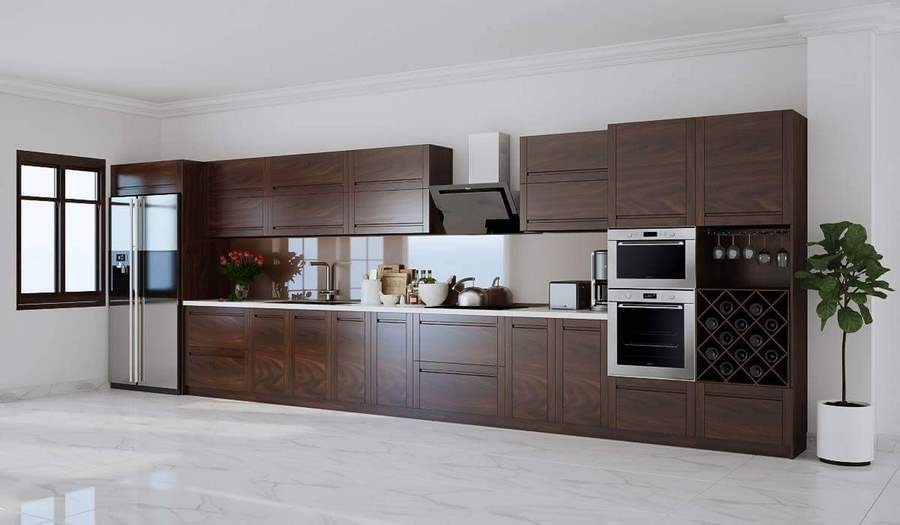 thiết kế tủ bếp vẫn gỗ óc chó
