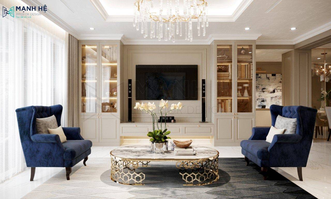 Hệ tủ trưng bày kết hợp kệ tivi màu kem sang trọng