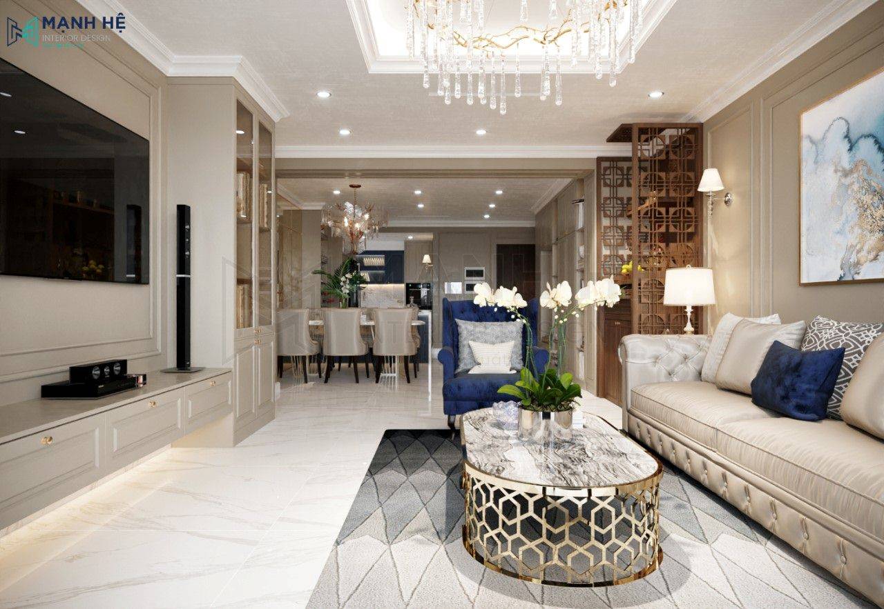 thiết kế phòng khách liền bếp chung cư rộng rãi