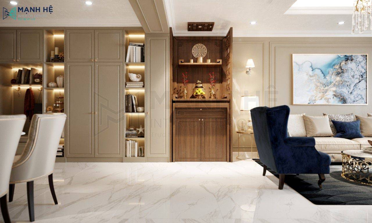thiết kế bàn thờ gỗ cho phòng khách chung cư đẹp