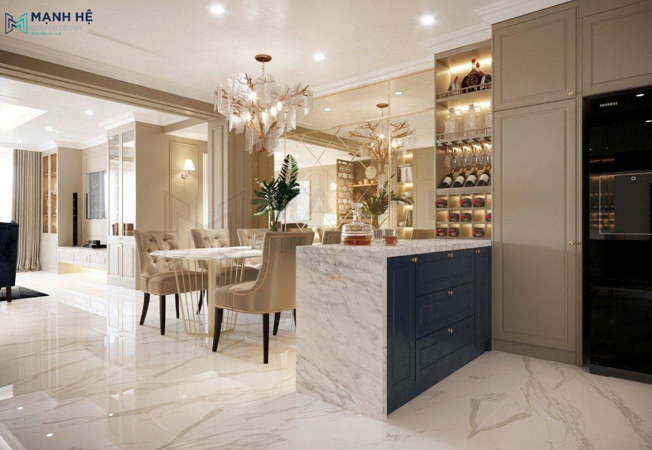 Hệ thống đèn downlight âm tường được lắp đặt xuyên suốt phòng khách bếp chung cư