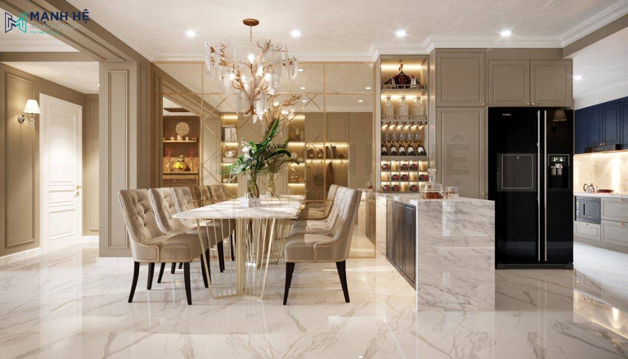 Bộ bàn ăn mặt đá vân mây và ghế bọc nệm cao cấp cho phòng ăn chung cư