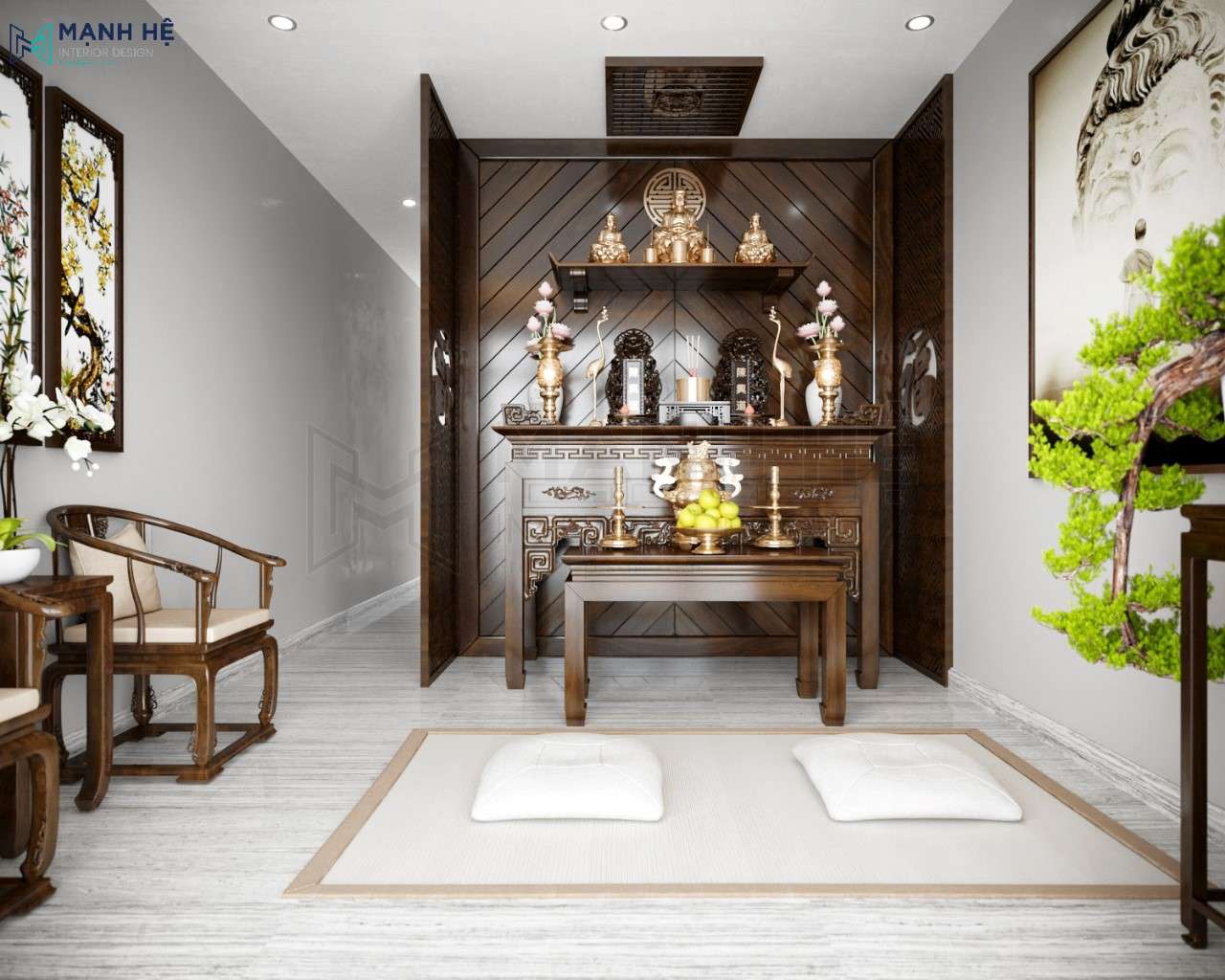 Thiết kế nội thất phòng thờ bằng gỗ tự nhiên sang trọng