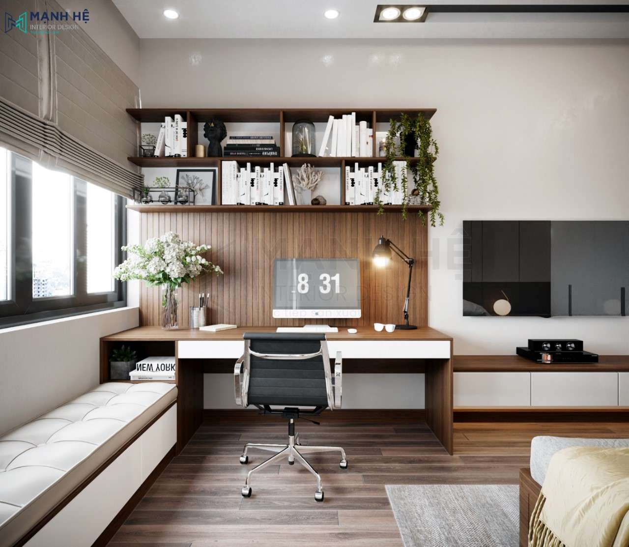 Bàn làm việc với chất liệu gỗ công nghiệp MDF phủ melamine chắc chắn và bền bỉ