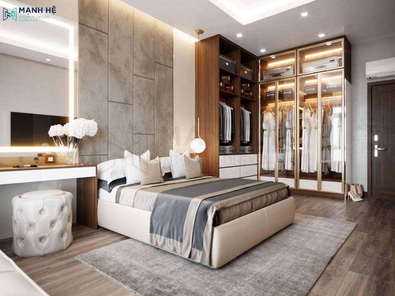 Hệ tủ quần áo chữ L cửa kính trong suốt sang trọng