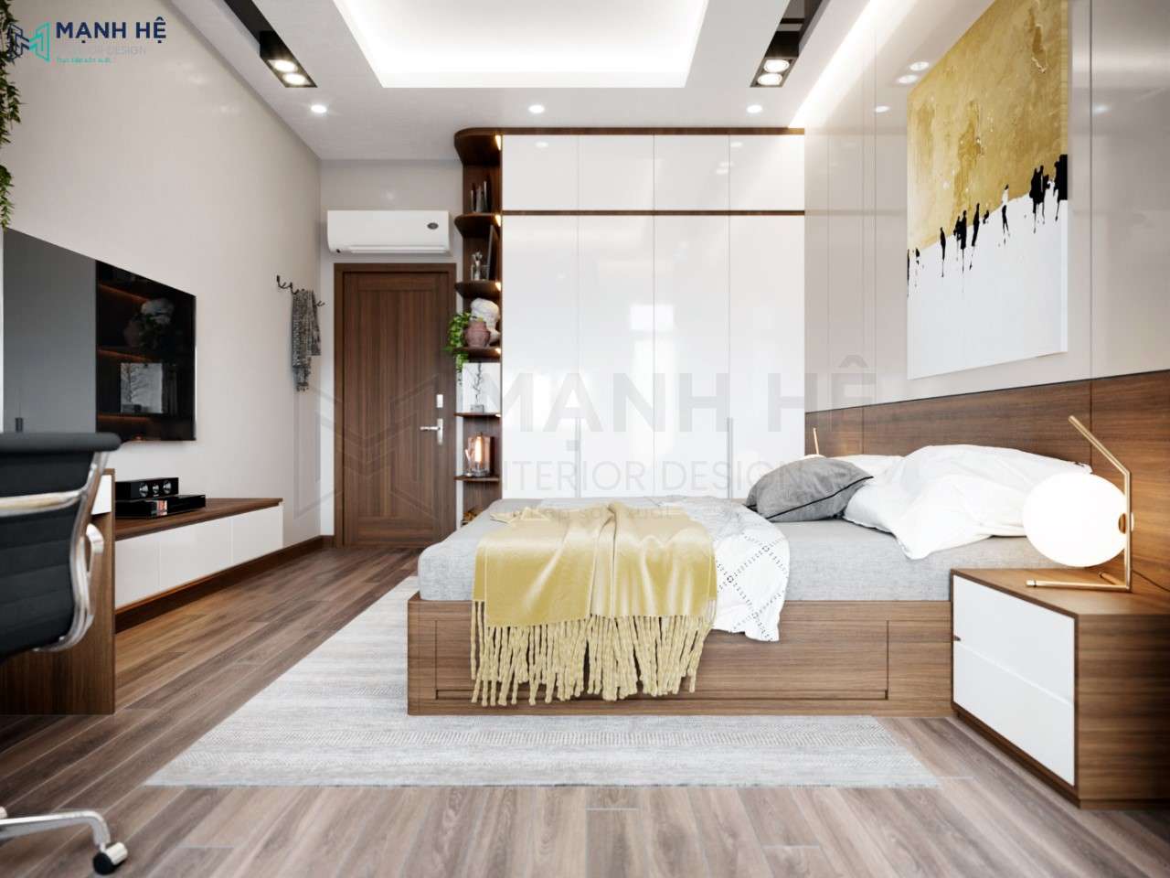 Hệ tủ quần áo cao đụng trần có ngăn kệ trang trí tăng thêm nét thẩm mỹ cho không gian