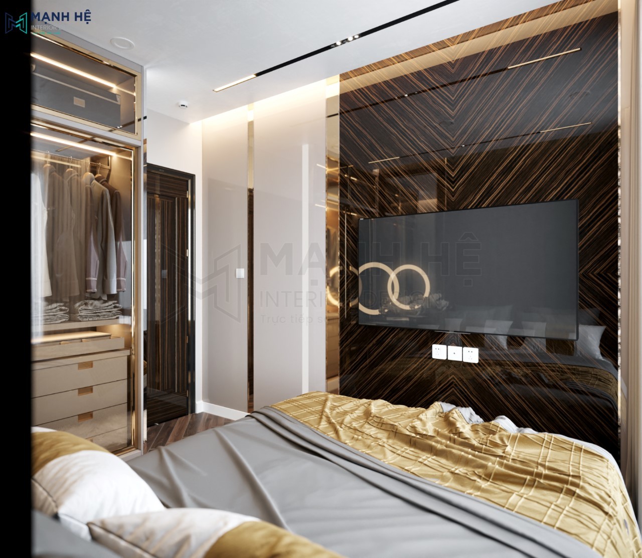 Tivi treo tường trên nền ốp Acrylic bóng gương tinh tế