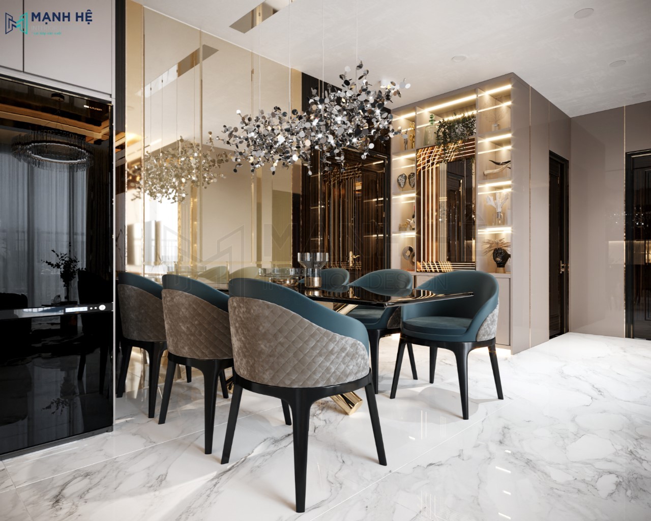 Bộ bàn ăn sang trọng với 6 ghê bọc da êm ái gam màu xanh