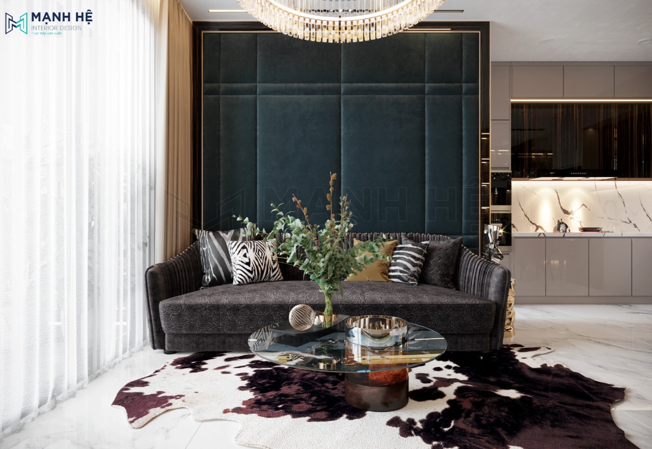Thiết kế nội thất phòng khách đẹp sang trọng với vách ốp nhung phía sau ghế sofa