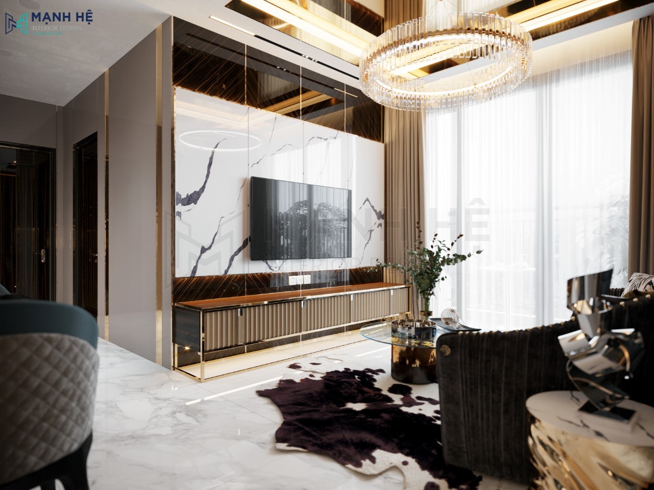 Hệ tủ tivi kết hợp vách tường ốp đá vân mây tôn lên nét đẳng cấp cho không gian