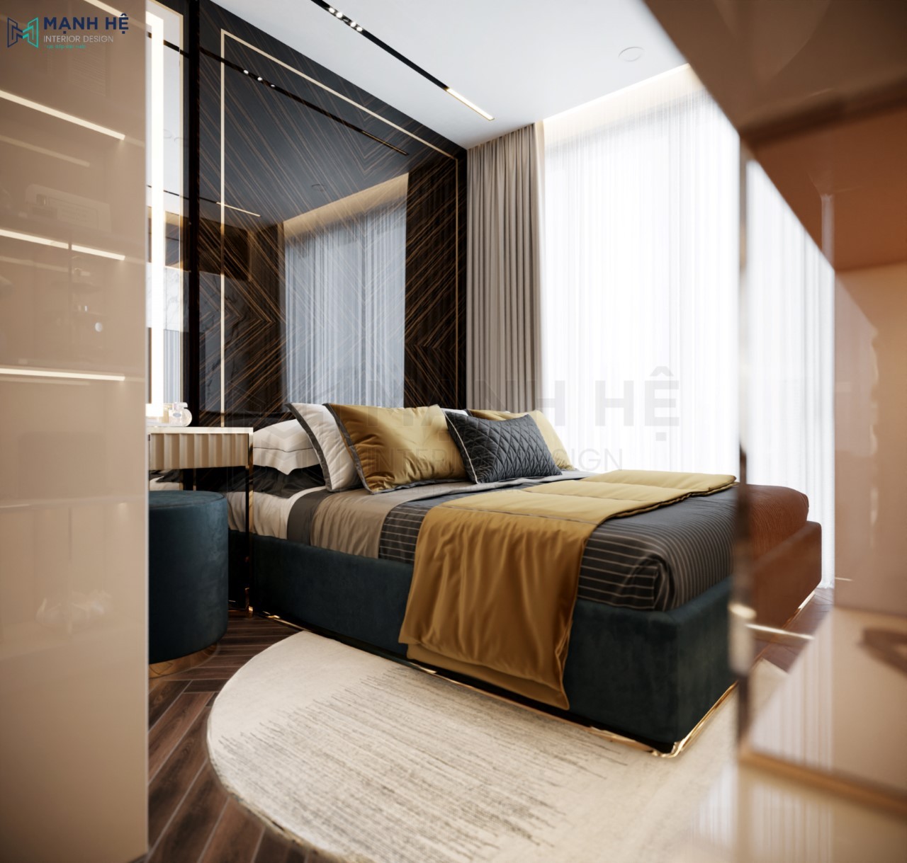 Vách ốp gỗ Acrylic đầu giường được nẹp vàng làm tăng thêm độ sang trọng