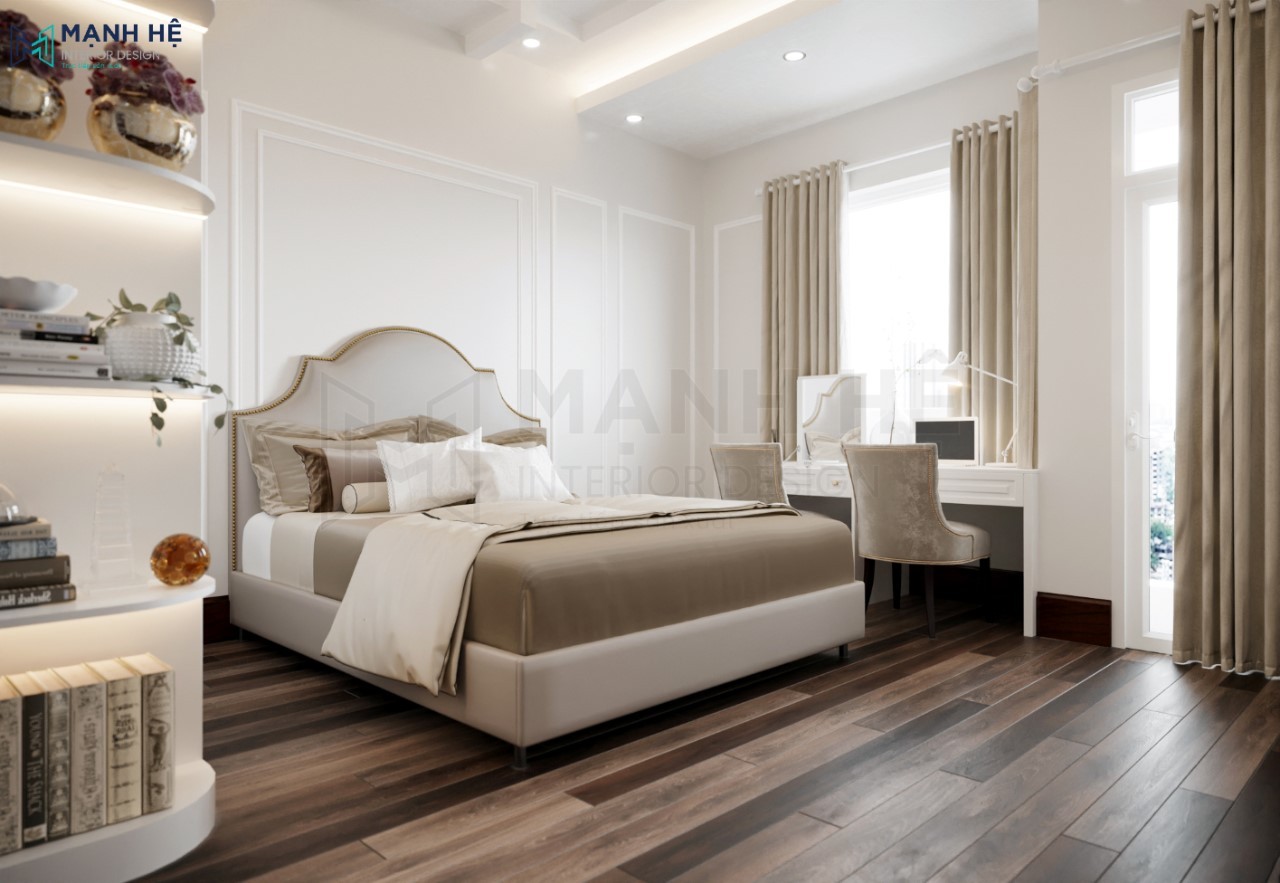 Thiết kế bàn làm việc kết hợp bàn trang điểm với kích thước vừa vặn không gian