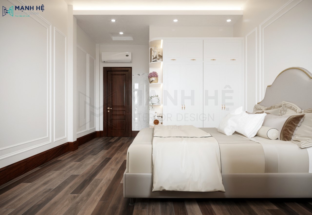 Hệ tủ quần áo 4 cánh sơn trắng đồng bộ với tổng thể không gian